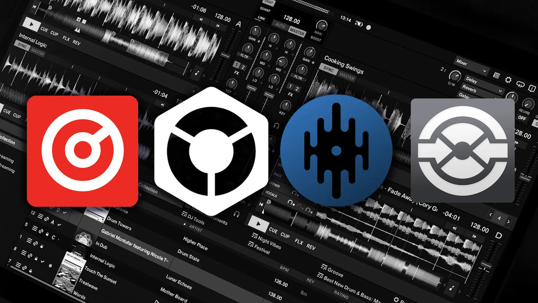 Serato, RekordBox, Virtual DJ and Traktor DJ Logos on a DJ software background