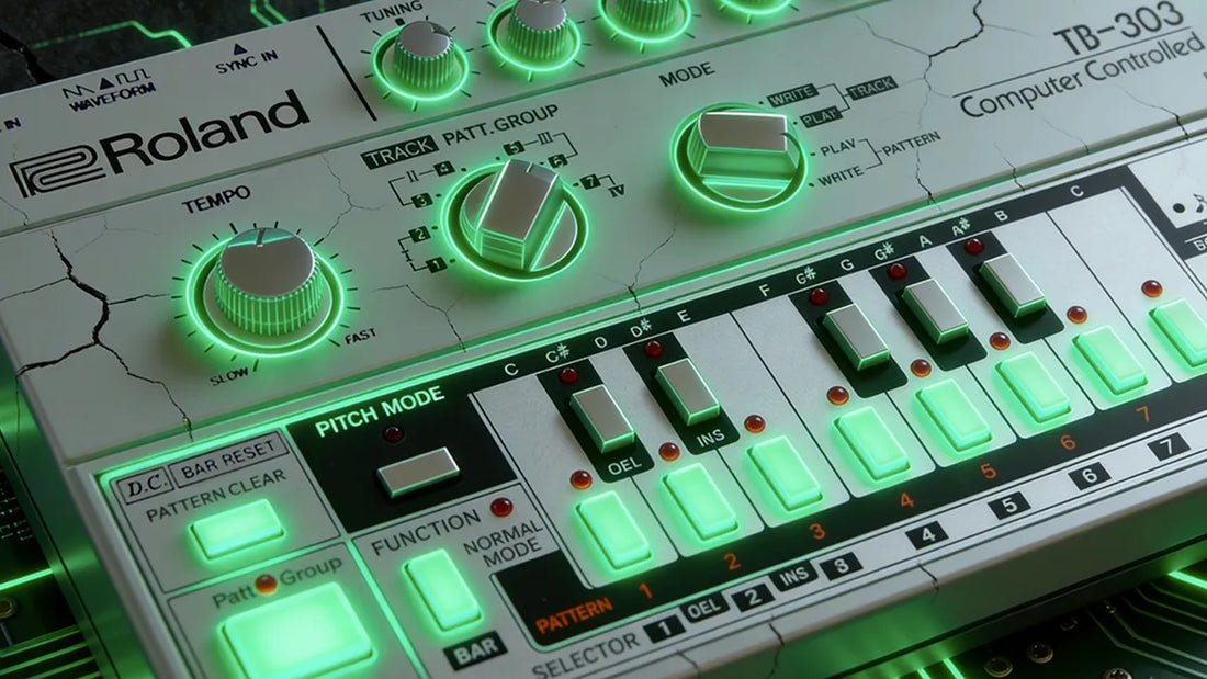 Acid 303 3D synthesizer with glowing green knobs and buttons 